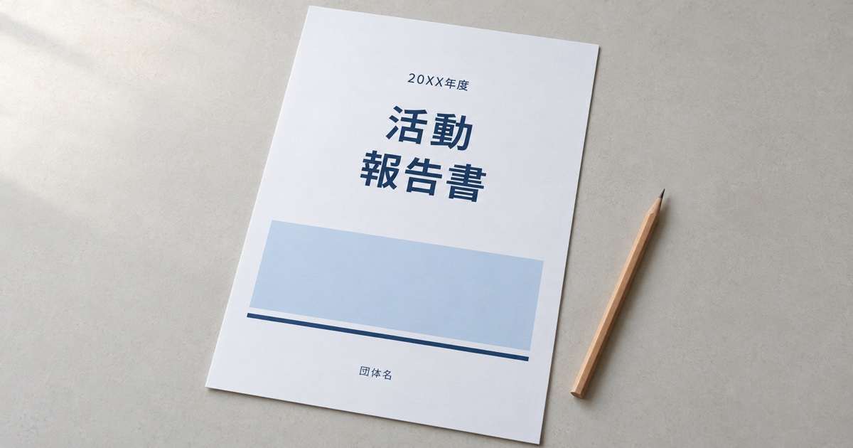 タイトル・年度・団体名を配置した表紙の校正紙と鉛筆のイメージ