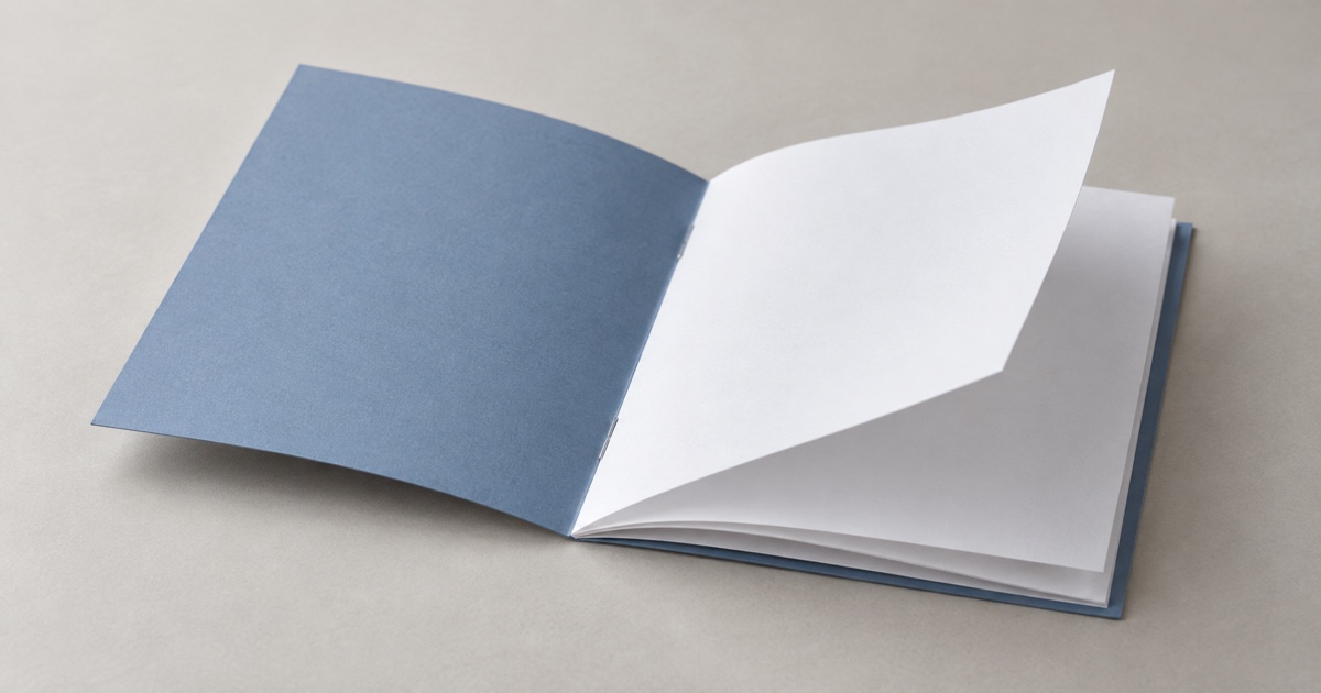 青い表紙と白い本文用紙を開いた、ページ構成を考えるための冊子見本のイメージ