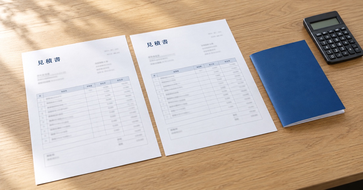 2枚の見積書と青い冊子見本を机に並べ、条件を見比べるイメージ