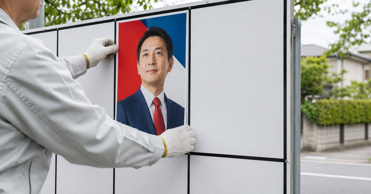 公営ポスター掲示場の区画へ選挙ポスターを貼り付けている様子