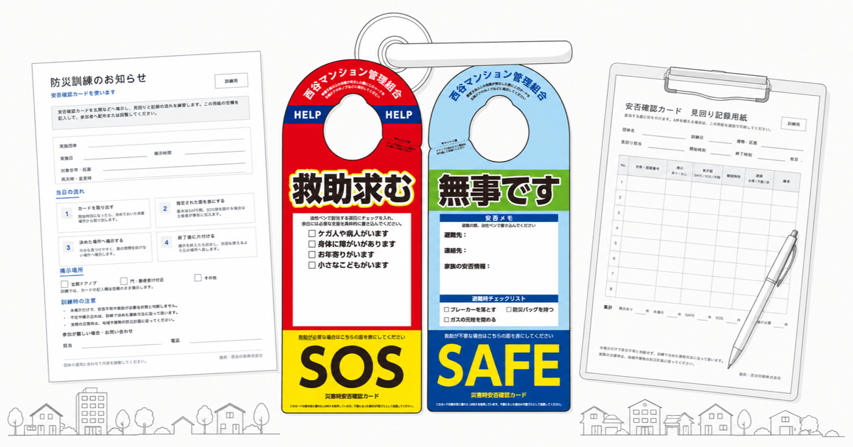防災訓練のお知らせ、SOS・SAFEの安否確認カード、見回り記録用紙を並べたイメージ