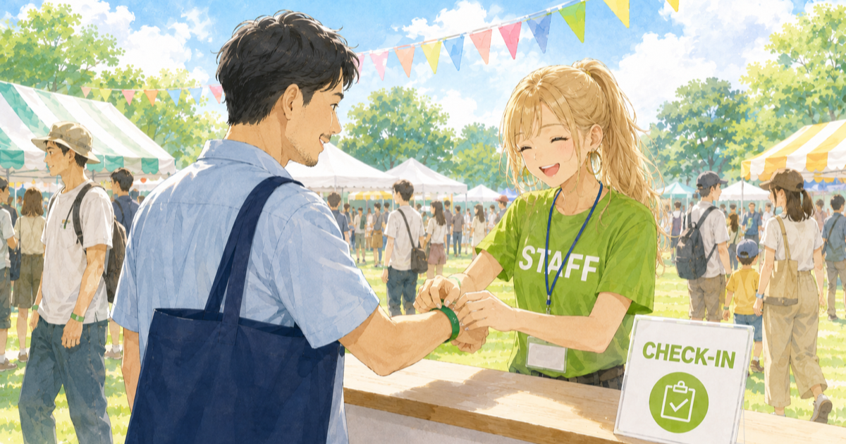 イベント受付でスタッフが来場者にリストバンドを付けるイラスト