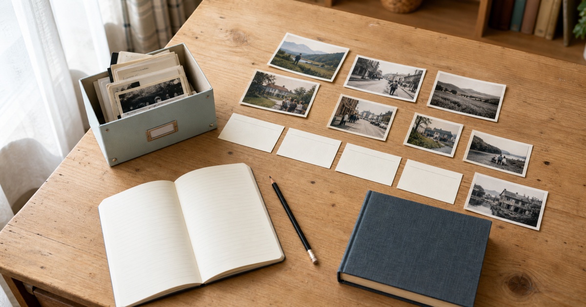 写真、白紙の年表カード、ノート、無地の冊子を机に並べた自分史制作の準備風景
