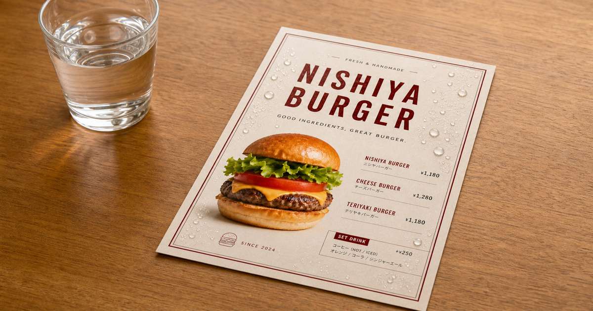 水滴がついた架空のハンバーガーメニュー「NISHIYA BURGER」と水の入ったグラスの写真イメージ