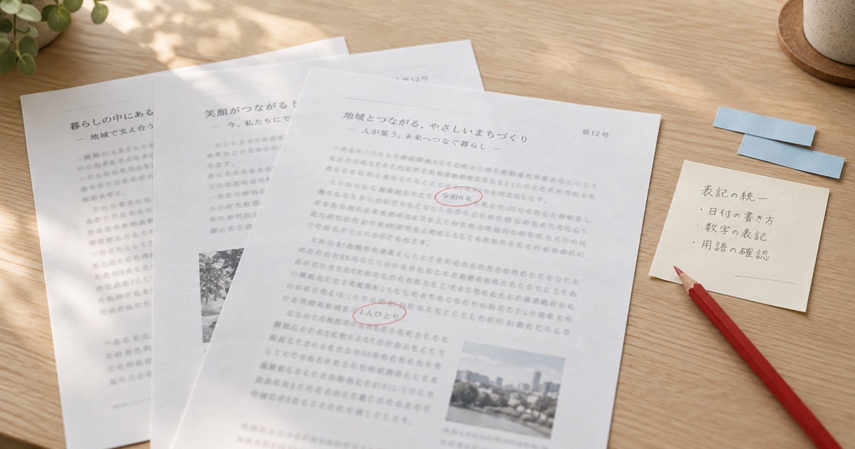 複数の会報原稿に赤鉛筆で印を付け、表記のメモと見比べる机上の場面