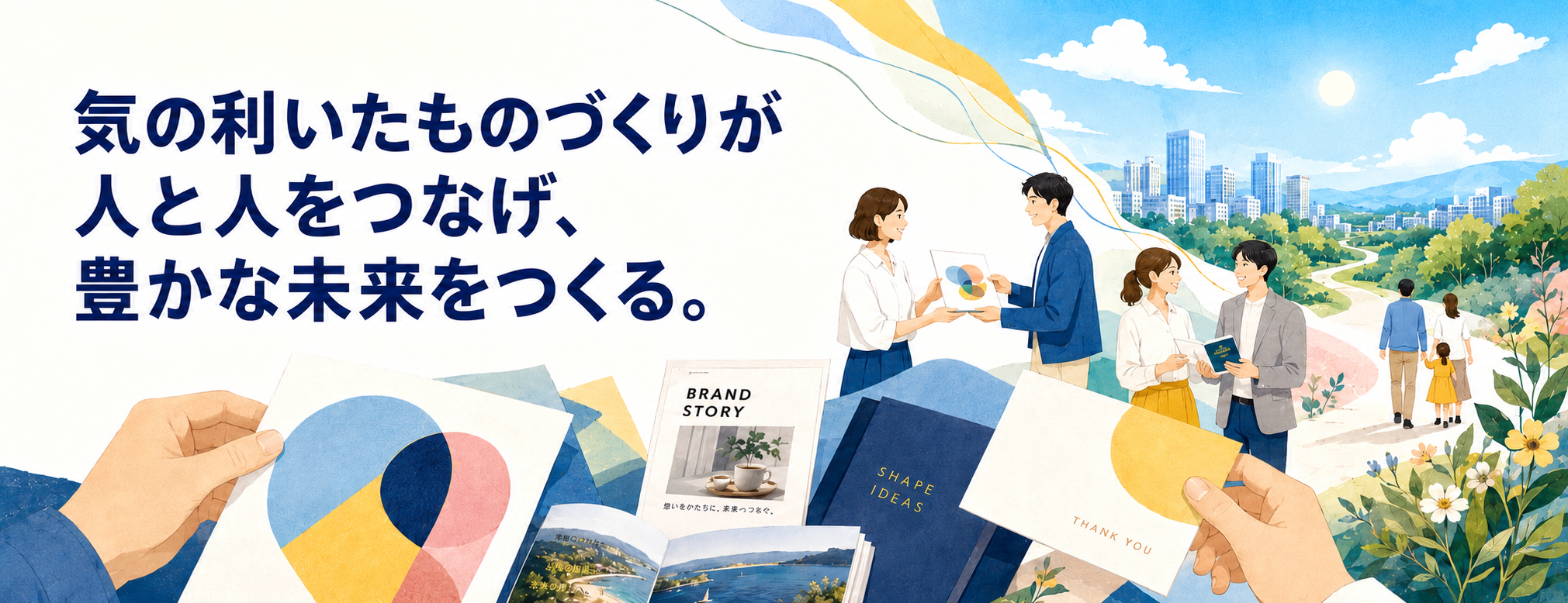 気の利いたものづくりが人と人をつなげ、豊かな未来をつくる。印刷物が人と人をつなぐイメージ