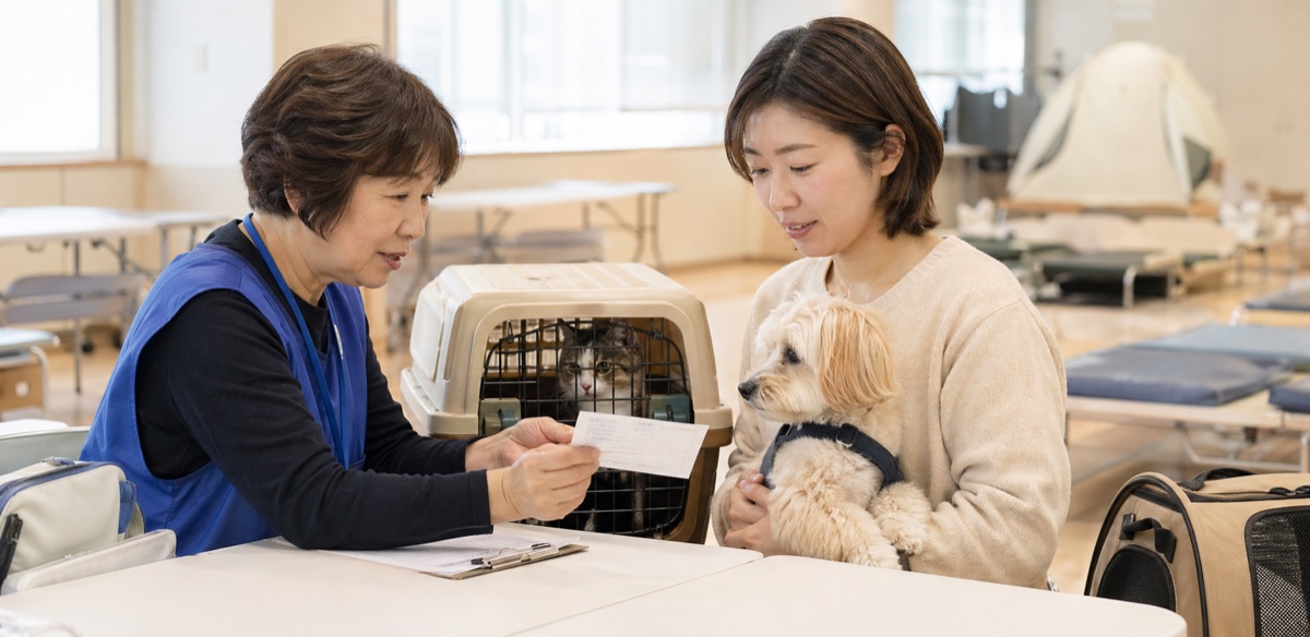 避難所受付でペット情報を確認している様子